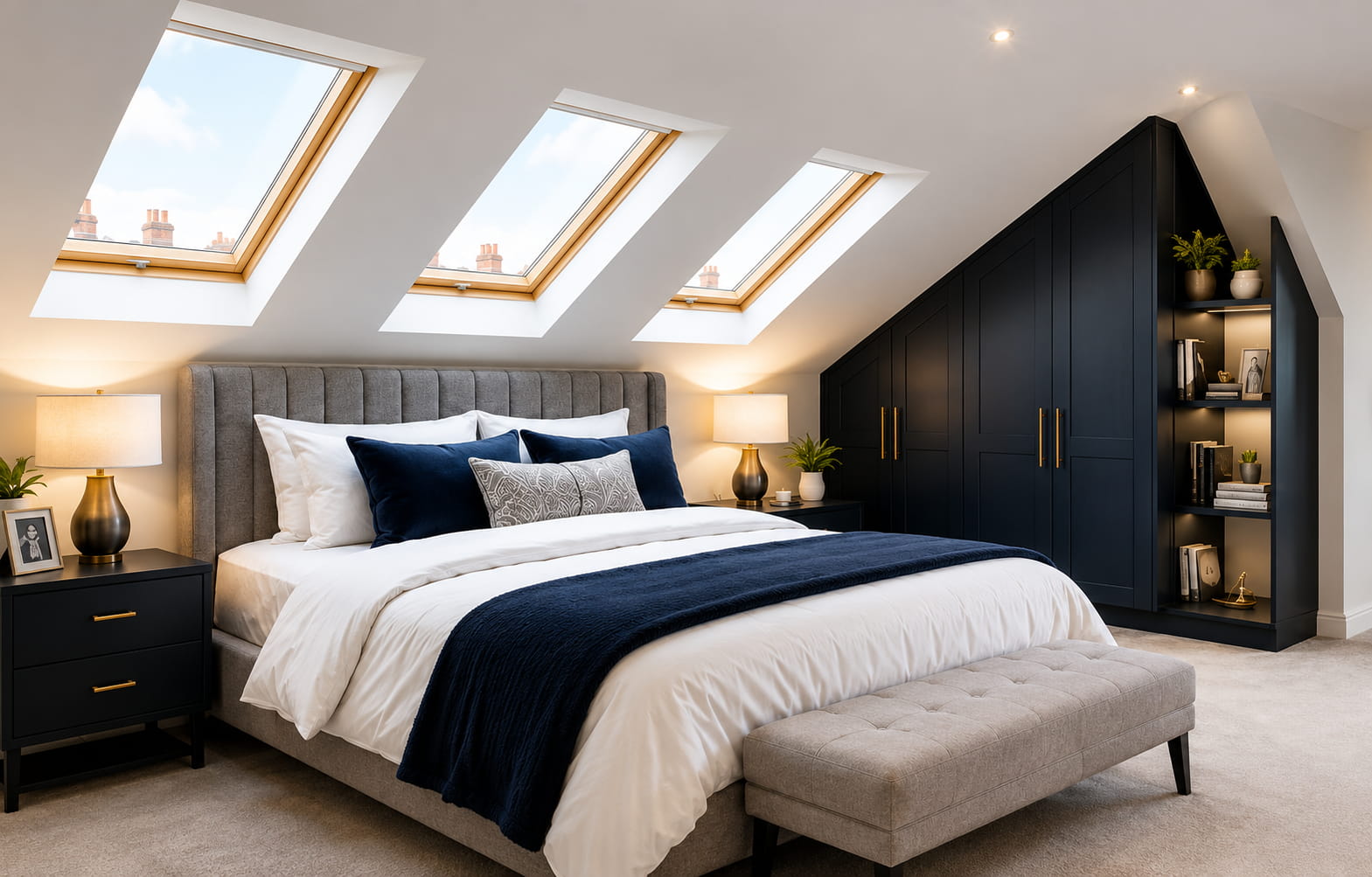 Dormer loft conversion bedroom with Velux windows completed by Zonex Group